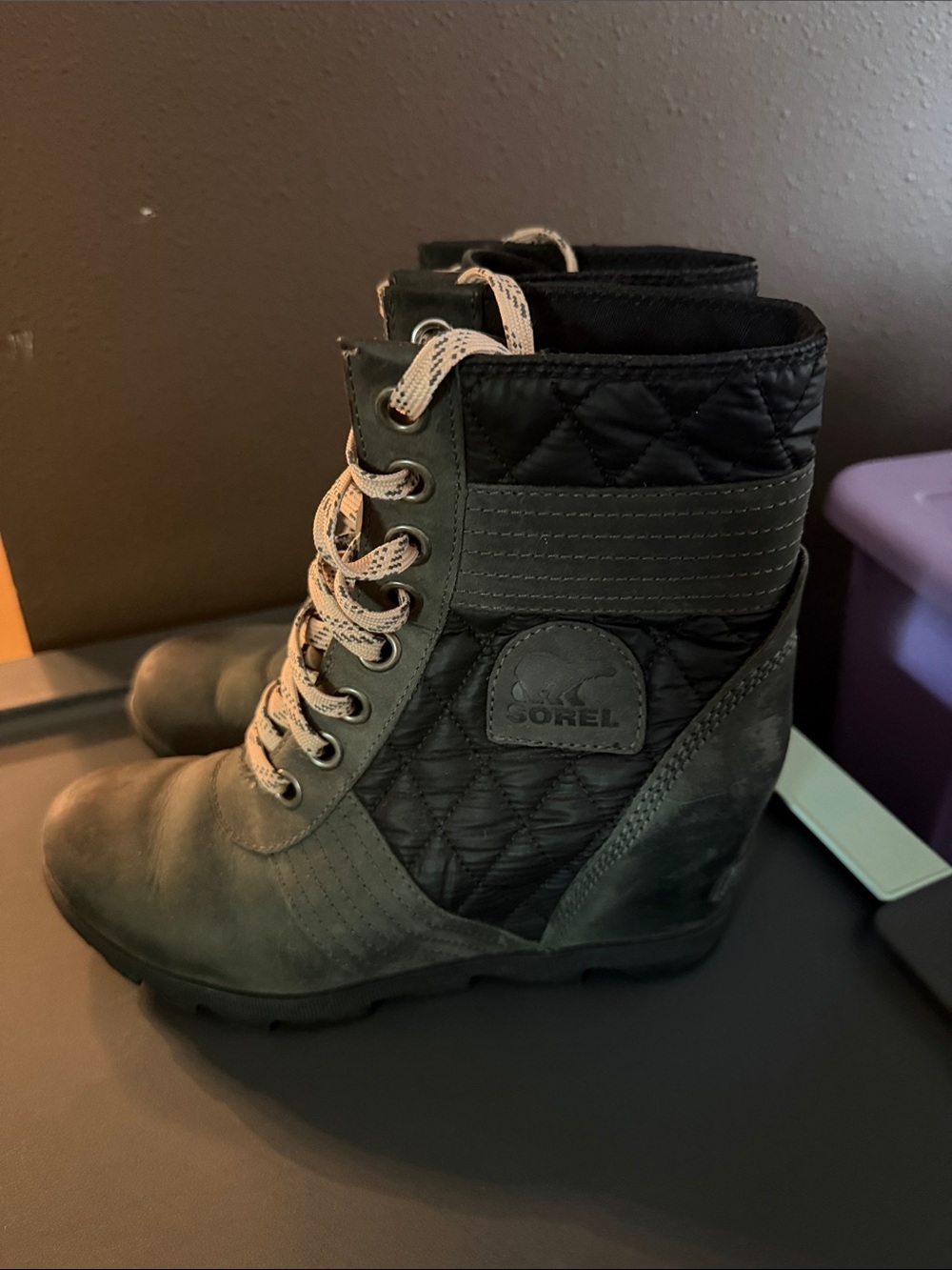 Sorel Quilted Lace-Up Wedge Ankle Boots in charcoal and Black